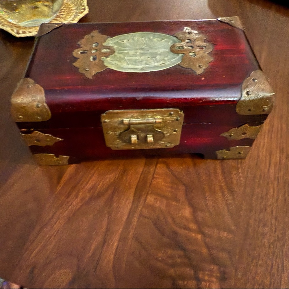 MCM Mid 20th Century Chinese Mahogany Wood & Brass Jewelry Box/Carved Jadeite